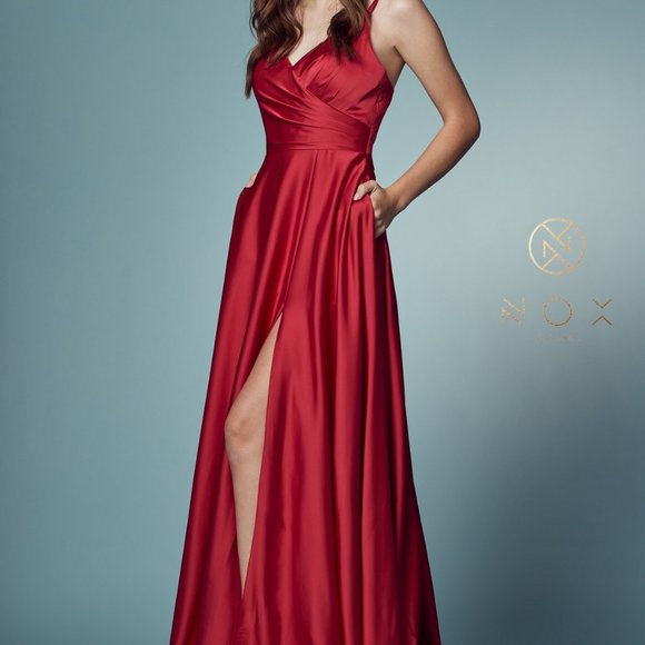 Red long prom dress , open back prom dress Y282